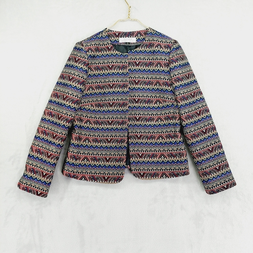Tahari Blue Multicolor Aztec Print Full Sleeve Open Front Jacket Coat P6952